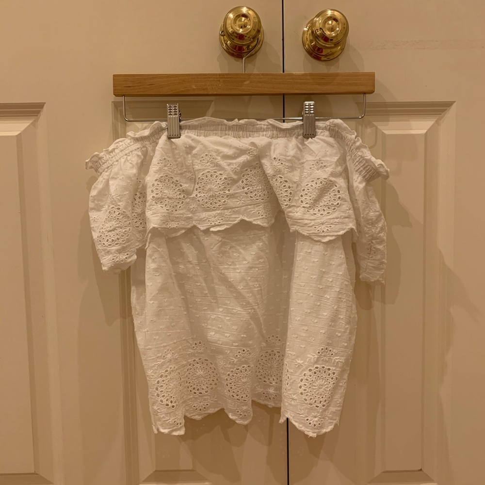 White eyelet off the shoulder top